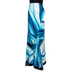 Pre Owned Roberto Cavalli Blue Printed Silk Satin Mermaid Maxi Skirt L 