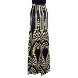 Pre Owned Roberto Cavalli Black Optical Print Silk Satin Maxi Skirt L