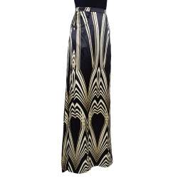 Pre Owned Roberto Cavalli Black Optical Print Silk Satin Maxi Skirt L