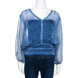 Pre Owned بلوزة قفطان روبرتو كافالي حرير شفاف مطبوع أزرق مورد مقاس متوسط (ميديوم)