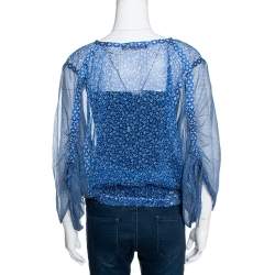 Pre Owned بلوزة قفطان روبرتو كافالي حرير شفاف مطبوع أزرق مورد مقاس متوسط (ميديوم)