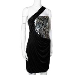 Pre Owned Roberto Cavalli Black Knit Sequined & Draped One Shoulder Dress M
