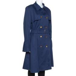 Pre Owned Roberto Cavalli Midnight Blue Cotton Double Breasted Belted Coat L