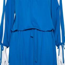 Pre Owned Roberto Cavalli Blue Jersey Cold Shoulder Tassel Tie Detailed Belted Dress M