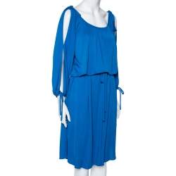 Pre Owned Roberto Cavalli Blue Jersey Cold Shoulder Tassel Tie Detailed Belted Dress M