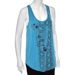 Pre Owned Roberto Cavalli Gym Blue Printed Jersey Tank Top S