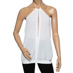Pre Owned Roberto Cavalli White Synthetic Halter Neck Tie Sleeveless Top M