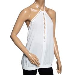 Pre Owned Roberto Cavalli White Synthetic Halter Neck Tie Sleeveless Top M