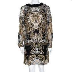 Pre Owned Roberto Cavalli Black Metallic Printed Silk Long Sleeve Dress M