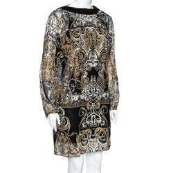 Pre Owned Roberto Cavalli Black Metallic Printed Silk Long Sleeve Dress M