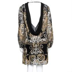 Pre Owned Roberto Cavalli Black Metallic Printed Silk Long Sleeve Dress M