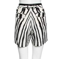 Pre Owned Roberto Cavalli  White and Black Zebra Printed Pleated Silk Shorts M