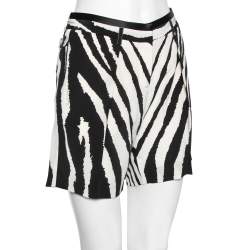 Pre Owned Roberto Cavalli  White and Black Zebra Printed Pleated Silk Shorts M