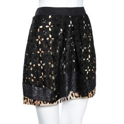 Pre Owned Roberto Cavalli Black Cutwork & Animal Printed Cotton Pleated Mini Skirt M