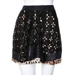Pre Owned Roberto Cavalli Black Cutwork & Animal Printed Cotton Pleated Mini Skirt M