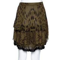 مملوكة مسبقًا Roberto Cavalli Green Animal Printed Pleated Silk Tiered Mini Skirt M