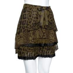 مملوكة مسبقًا Roberto Cavalli Green Animal Printed Pleated Silk Tiered Mini Skirt M