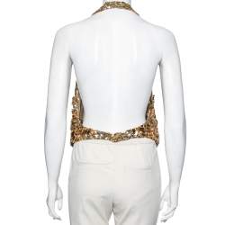 مملوكة مسبقًا Roberto Cavalli Gold Patterned Sequin Embellished Silk Halter Neck Vest M