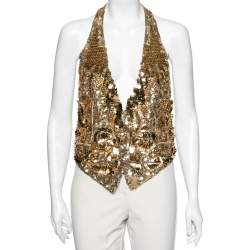 Pre Owned Roberto Cavalli Gold Patterned Sequin Embellished Silk Halter Neck Vest M