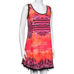 مملوكة مسبقًا فستان روبرتو كافالي قطن مطبوع متعدد الألوان مزخرف بلا أكمام  مقاس متوسط - ميديوم