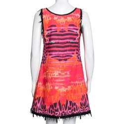 مملوكة مسبقًا فستان روبرتو كافالي قطن مطبوع متعدد الألوان مزخرف بلا أكمام  مقاس متوسط - ميديوم