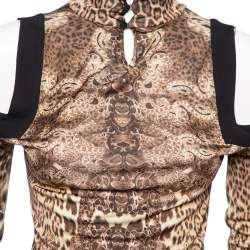 Pre Owned Roberto Cavalli Brown Animal Print Jersey Cold Shoulder Top M 