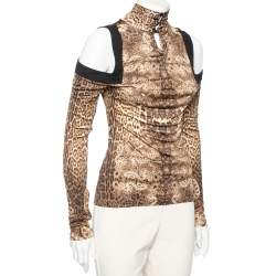 Pre Owned Roberto Cavalli Brown Animal Print Jersey Cold Shoulder Top M 