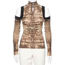 Pre Owned Roberto Cavalli Brown Animal Print Jersey Cold Shoulder Top M 