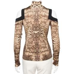 Pre Owned Roberto Cavalli Brown Animal Print Jersey Cold Shoulder Top M 