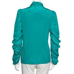 Pre Owned Roberto Cavalli Green Silk Front Button and Bow Tie Blouse M