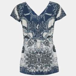 Pre Owned Roberto Cavalli Navy Blue Printed Synthetic Top L
