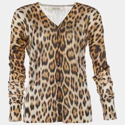 Pre Owned Roberto Cavalli Brown Silk Leopard Print Cardigan S