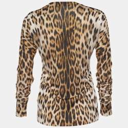 Pre Owned Roberto Cavalli Brown Silk Leopard Print Cardigan S