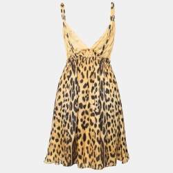 مملوكة مسبقًا Roberto Cavalli Mustard Yellow Leopard Printed Silk Sleeveless Dress M