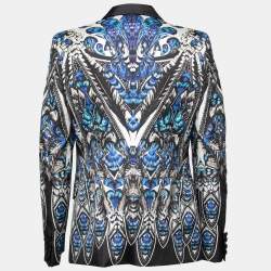 Pre Owned جاكيت بليزر روبرتو كافالي تويل حرير مطبوع أزرق صدرية واحدة مقاس متوسط (ميديوم)