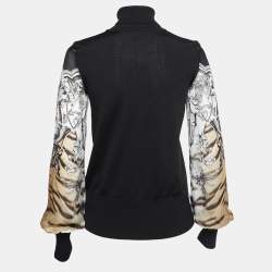 Pre Owned Roberto Cavalli Black Knit Contrast Printed Silk Sleeves High Neck Sweater M