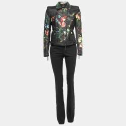Roberto Cavalli Black Leather Painted Jacket & Slim Fit Pants M