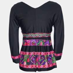 Pre Owned توب روبيرتو كافالي جيرسي مطبوع أزهار سوداء ياقة V مقاس كبير - لارج