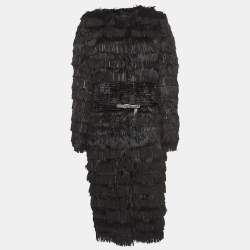 Pre Owned Roberto Cavalli Black Fur Fringed Belted Long Coat L