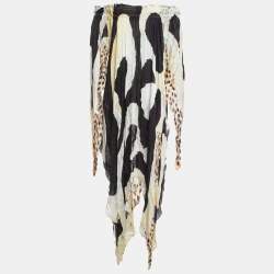 Pre Owned Roberto Cavalli Black Animal Print Silk Off-Shoulder Asymmetric Kaftan Dress L