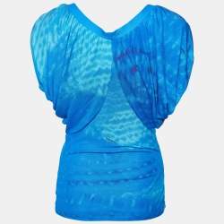 Pre Owned Roberto Cavalli Blue Printed Jersey Draped Sleeve Top S