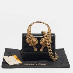 Pre Owned Roberto Cavalli Black Lizard Embossed Leather Small Roar Top Handle Bag