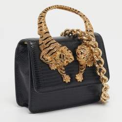 Pre Owned Roberto Cavalli Black Lizard Embossed Leather Small Roar Top Handle Bag