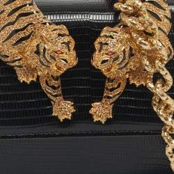 Pre Owned Roberto Cavalli Black Lizard Embossed Leather Small Roar Top Handle Bag