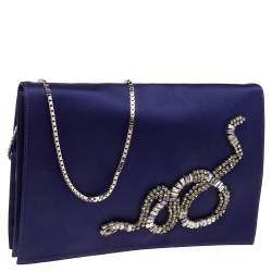 Pre Owned Roberto Cavalli Blue Satin Embellished Chain Clutch