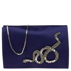 Pre Owned Roberto Cavalli Blue Satin Embellished Chain Clutch