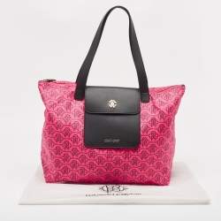 Pre Owned Roberto Cavalli Pink/Brown Monogram Nylon and Leather Front Pouch Tote