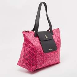 Pre Owned Roberto Cavalli Pink/Brown Monogram Nylon and Leather Front Pouch Tote