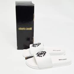 Pre Owned Roberto Cavalli White Rubber Flat Slides Size 42