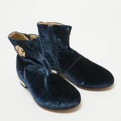 Roberto Cavalli Navy Blue Embossed Croc Velvet Ankle Boots Size 36